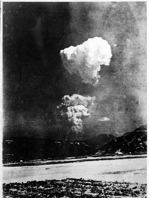 A rare photograph showing the mushroom cloud from the Hiroshima atomic ...