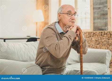 Tired Old Man with Grey Hair Leaning on the Wooden Cane Stock Photo - Image of interview ...