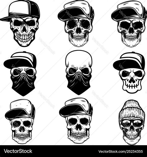 Set skulls in baseball cap and bandana design Vector Image