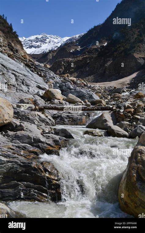 Mandakini river view in Kedarnath valley in India. Mandakini River emerges from Chorabari ...