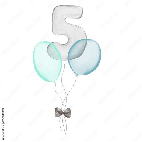 5 silver Birthday ballon with blue baloons. Number five glitter silver ...