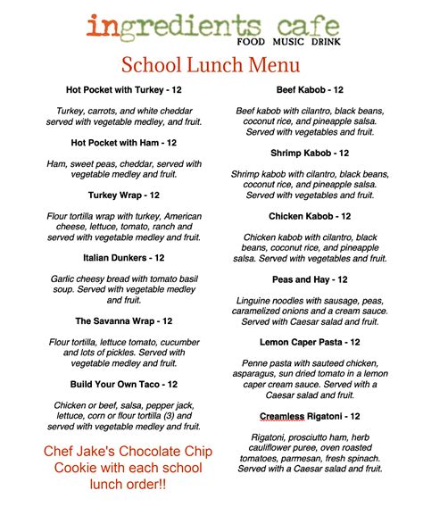 school lunch menu | Ingredients Cafe