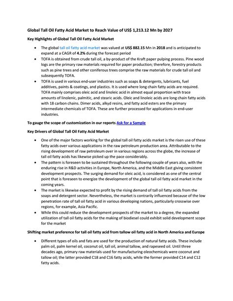 Global Tall Oil Fatty Acid Market to Reach Value of US$ 1,213.12 Mn by 2027 by aartimule.tmr - Issuu