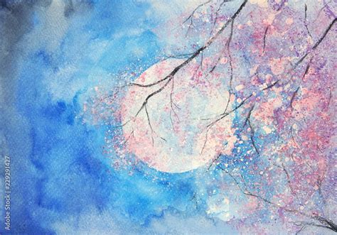 watercolor full moon and pink tree landscape Stock Photo | Adobe Stock