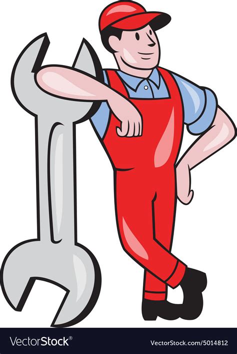 Mechanic leaning on spanner wrench cartoon Vector Image