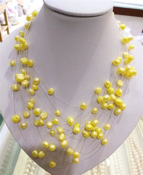 Women Jewelry 15 rows necklace yellow pearl baroque pearl Pendant natural freshwater pearl 45cm ...