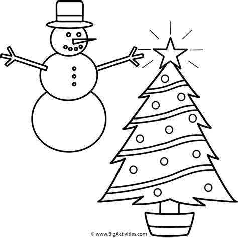 Christmas Tree with Snowman - Coloring Page (Christmas)