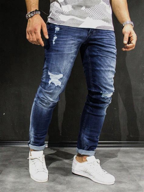 Men Slim Fit Simply Ripped Jeans - Blue | Ripped jeans men, White jeans ...