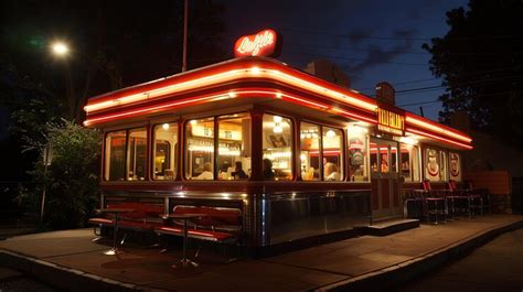 Premium Photo | Retro diner at night with red neon lights illuminating ...