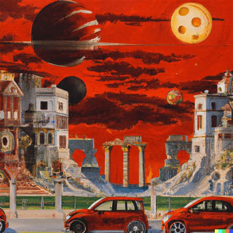 ancient roman painting🎨 of a futuristic city with flying cars🚗 and a red half moon stature in ...