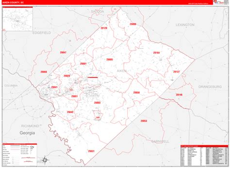 Aiken County, SC Zip Code Wall Map Red Line Style by MarketMAPS - MapSales