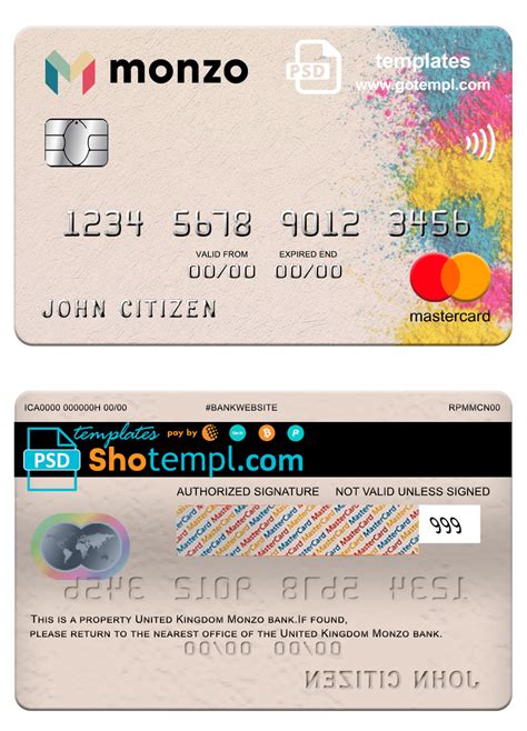 United Kingdom Monzo bank mastercard, fully editable fake template in PSD format - Faketemplate.ru
