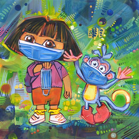 Dora and Boots Wearing Face Masks for COVID-19, Painting by Artist Gwenn Seemel 2020