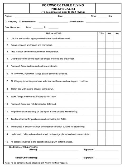 Formwork Table Pre-Flying Construction Checklist - Construction Documents And Templates