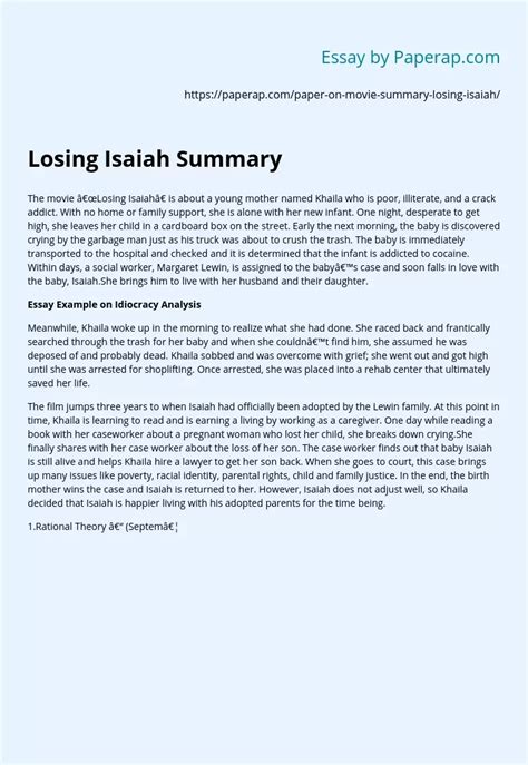 Losing Isaiah Summary Analysis Essay Example