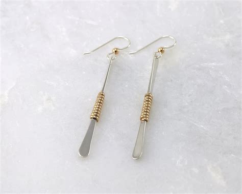 Silver Gold Bar Earrings Long Sterling Silver Earrings | Etsy