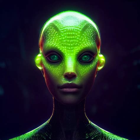 character design, glowing green female alien, close-up | Midjourney ...