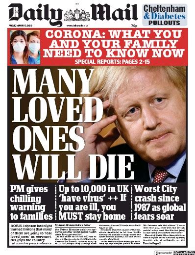 Daily Mail (UK) Front Page for 13 March 2020 | Paperboy Online Newspapers