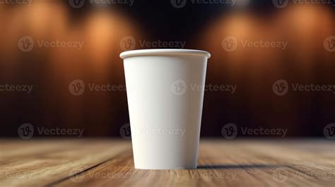 White paper coffee cup on the wooden table in the room, warm tone, mockup, generative ai ...