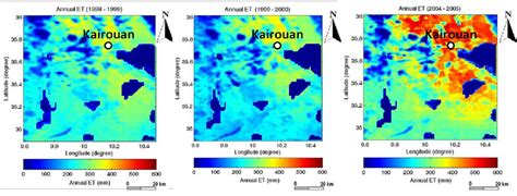 Total annual evapotranspiration maps: ( a ) 1998 – 1999 agricultural... | Download Scientific ...