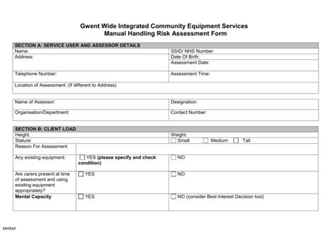 Manual handling risk assessment form