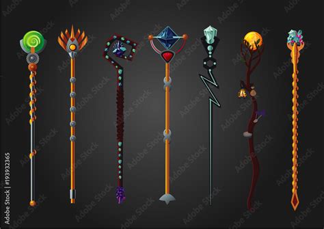 Magic wand set. Fantasy staff collection. Cartoon style, game design ...