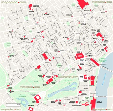 London map - West End layout free travel map with main points of interest