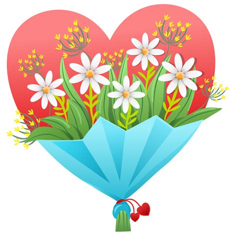 Bouquet of heart shaped flowers, daisies and leaves wrapped in blue ...