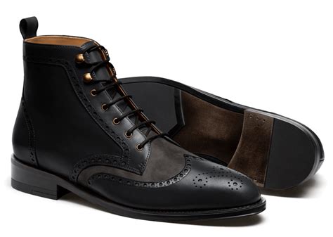 Brogue Leather boots - black & grey leather & waxed leather