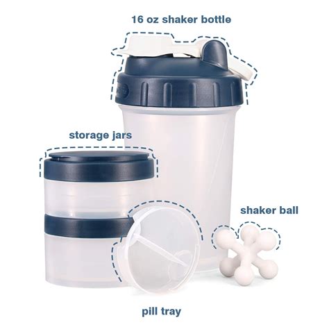 16 OZ Protein Shaker Bottle with Mixer Ball and 2 Interlocking Storage ...