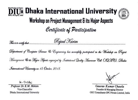 Dhaka International University Certificate | Project Management and its ...