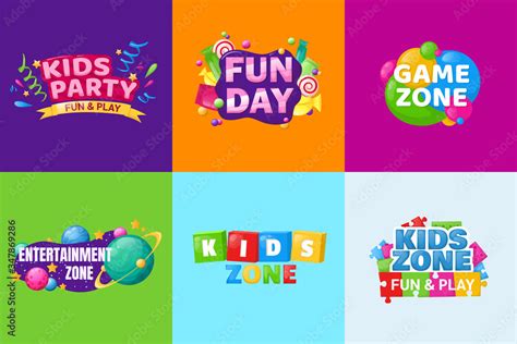 Vecteur Stock Kids zone fun day entertainment set childish banner label sticker badge logo ...