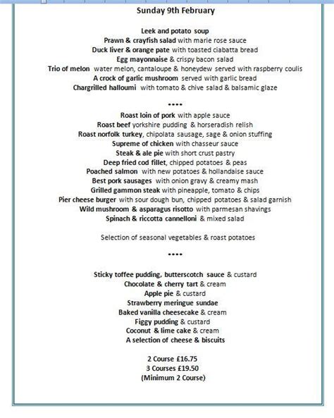 Menu at Pier Hotel pub & bar, Gorleston-on-Sea