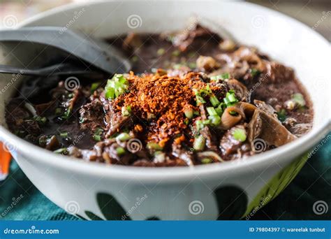 The Noodle with Pig Blood Soup Mix with Pork and Vegetable Stock Image - Image of soup, fork ...