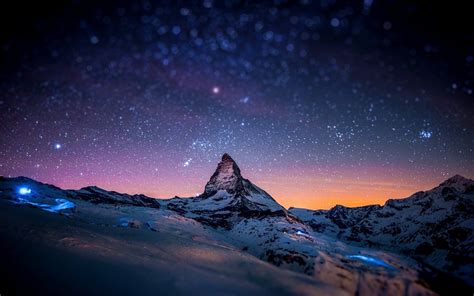 Download Starry Sky Sky Snow Switzerland Mountain Nature Matterhorn Image