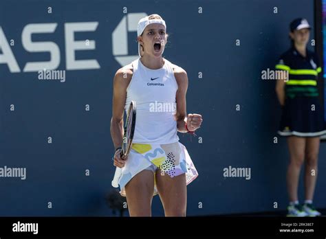 Emiliana Arango of Colombia reacts during 1st round match against Ipek ...