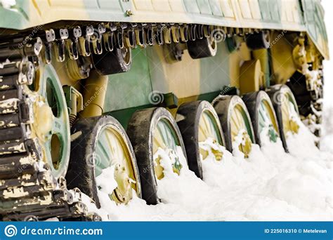 Undercarriage of a Tank in the Snow Close-up of Tracks and Wheels Stock Photo - Image of mode ...