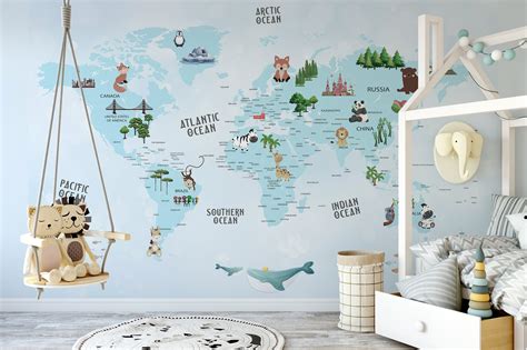 Blue World Map Wallpaper Wall Cover Design Nursery | Etsy