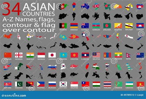 34 Asian Countries - A-Z Names, Flags, Contour And Map Over Contour Stock Vector - Image: 49789513