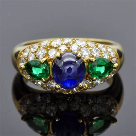 18K Gold Sapphire Emerald and Diamonds Earrings and Ring Set For Sale at 1stDibs