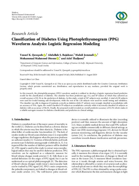 (PDF) Classification of Diabetes Using Photoplethysmogram (PPG) Waveform Analysis: Logistic ...