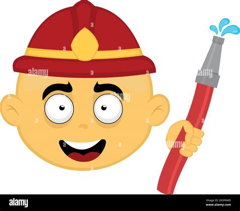 Vector emoji illustration of a yellow cartoon firefighter with a hose with water drops in his ...