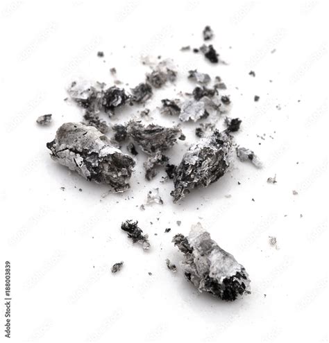 Cigarette ash isolated on white background with shadow reflection. Ash from cigarette isolated ...