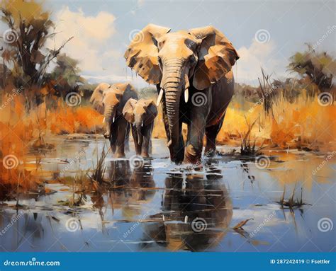 African Elephant Family Near Watering Place. Oil Painting in the Style of Impressionism Stock ...