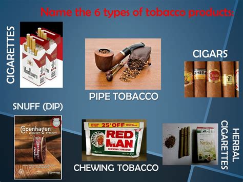 Tobacco. Name the 6 types of tobacco products: PIPE TOBACCO SNUFF (DIP ...