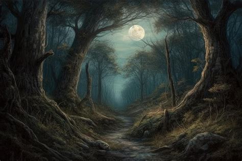 Premium AI Image | A forest path with a full moon in the background.