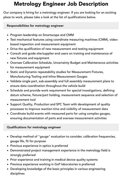 Metrology Engineer Job Description | Velvet Jobs