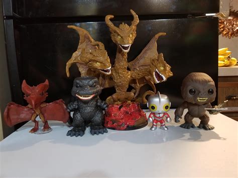 Custom 2019 funko pop Rodan (made by my brother), King Ghidorah, Godzillia, and then King kong ...