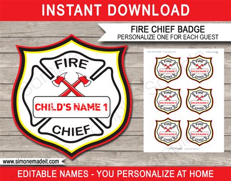 Fire Chief Badges | Printable Fireman Birthday Party