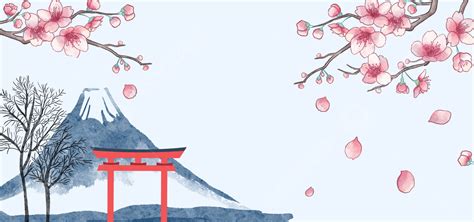 Japan Fuji Mountain Torii Watercolor Cherry Blossom Background, Cherry ...